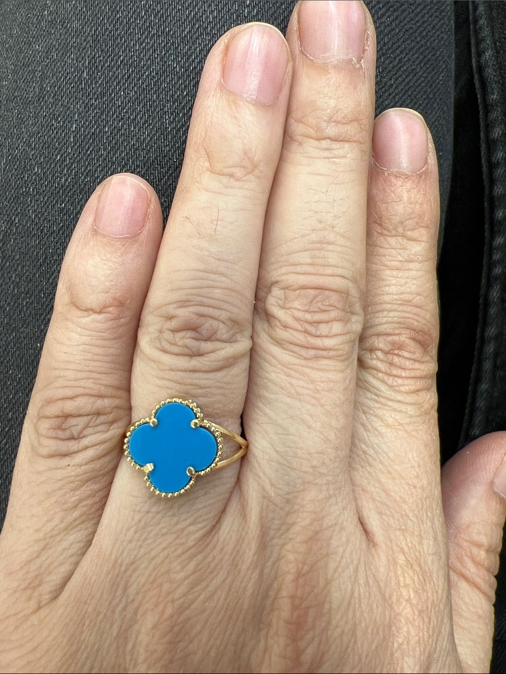 14K Yellow Gold Blue Clover Ring - Women's Fashion Statement